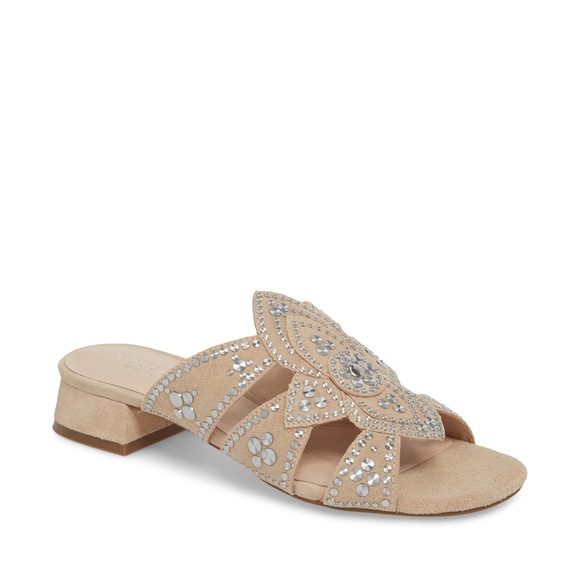 Cecelia New York Martini Micro Stud Sandal Bone Beige Suede Mule Block Heel 10 - Picture 4 of 9